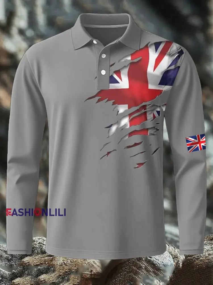 Men’s British Printed long sleeve shirt Light Gray / S