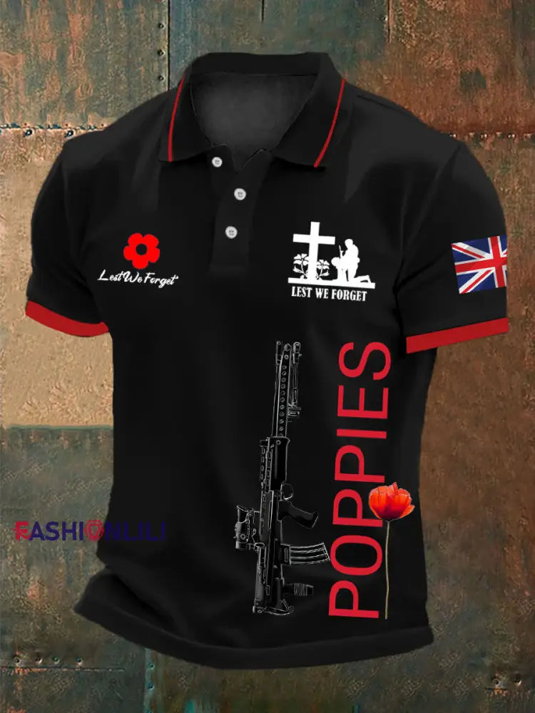 Men’s British SA80 and poppies print polo shirt Black / S