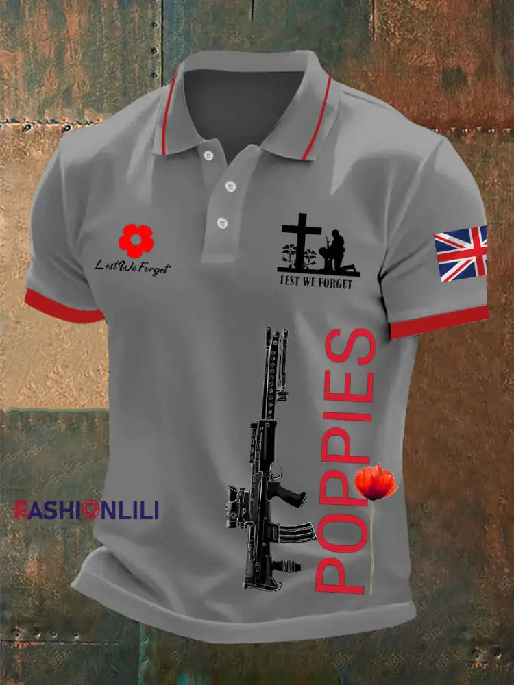 Men’s British SA80 and poppies print polo shirt Gray / S