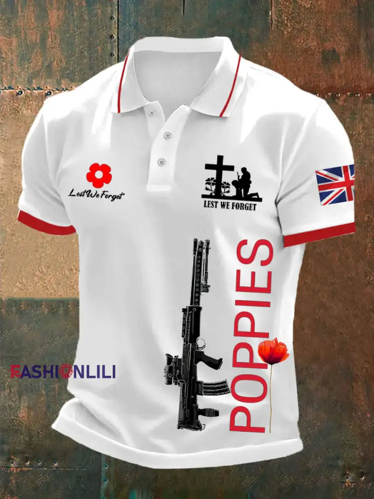 Men’s British SA80 and poppies print polo shirt White / S