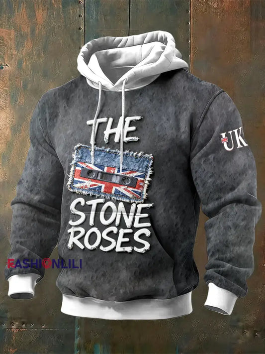 Men’s British The Stone Rose Denim Print Grey Hooded Sweatshirt Dark Gray / S
