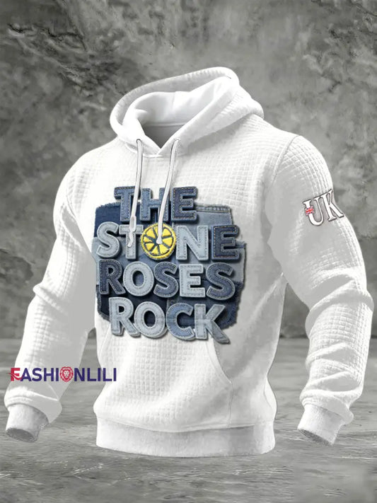 Men’s British The Stone Rose Imitation Denim Print Hooded Sweatshirt White / S