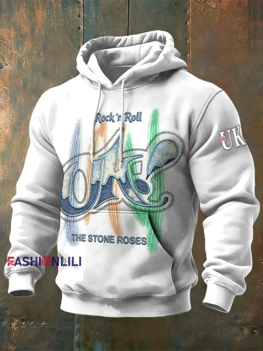 Men’s British The Stone Rose UK Print White Hooded Sweatshirt White / S
