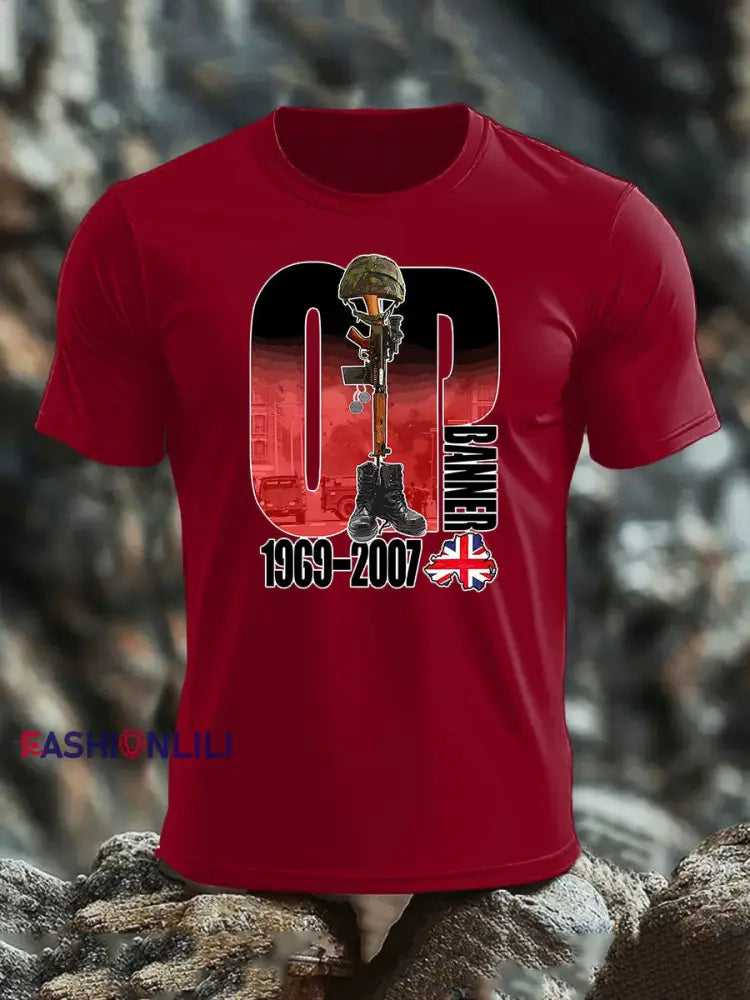 Men’s British Veteran imitation cotton short-sleeved T-shirt Deep Red / S