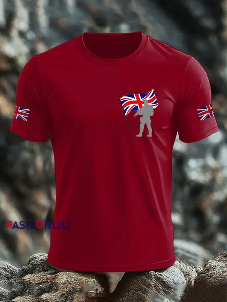 Men’s British Veteran imitation cotton short sleeved T shirt Deep Red / S