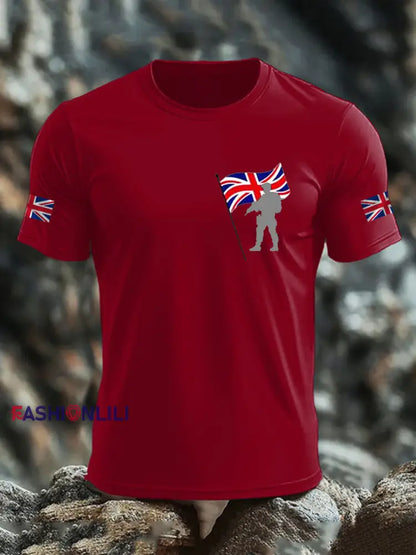 Men’s British Veteran imitation cotton short sleeved T shirt Deep Red / S