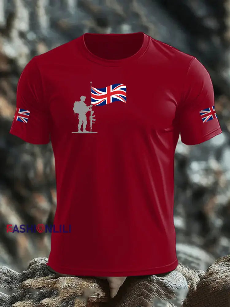 Men’s British Veteran imitation cotton short sleeved T shirt Deep Red / S