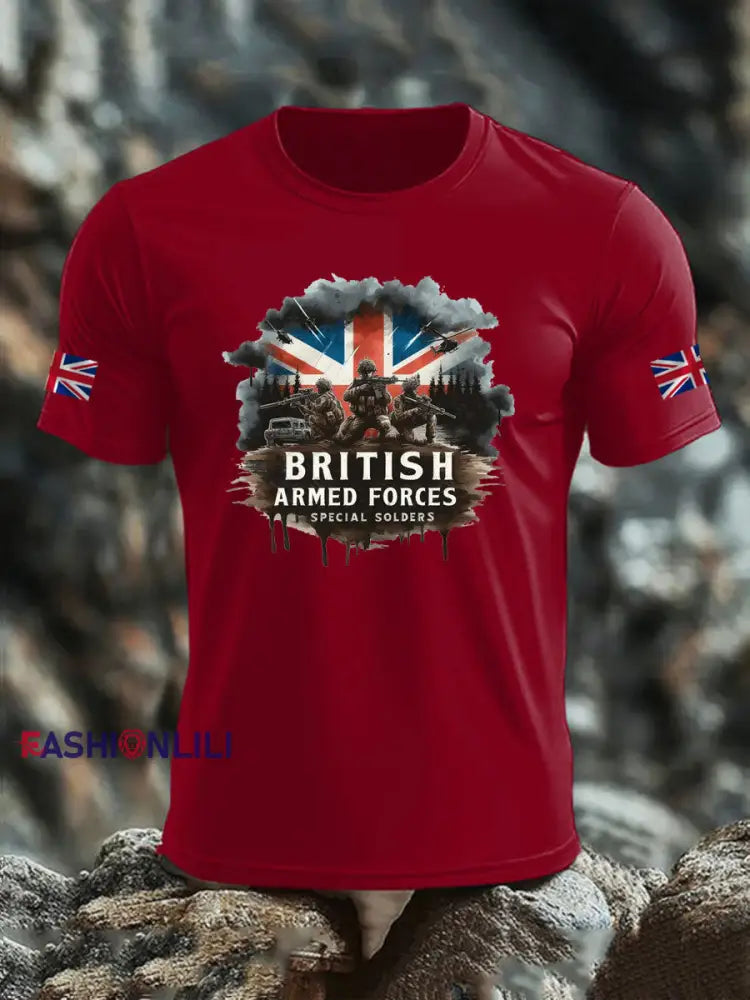 Men’s British Veteran imitation cotton short sleeved T shirt Deep Red / S