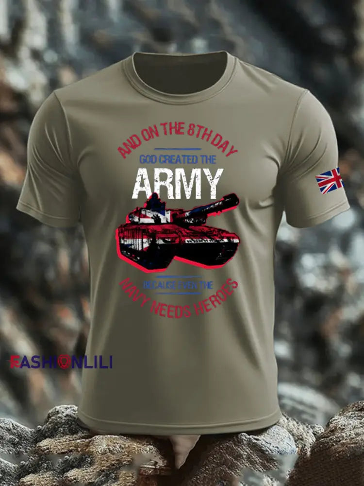 Men’s British Veteran print imitation cotton short-sleeved T-shirt Army Green / S
