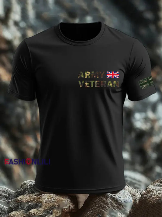 Men’s British Veteran print imitation cotton short-sleeved T-shirt Black / S