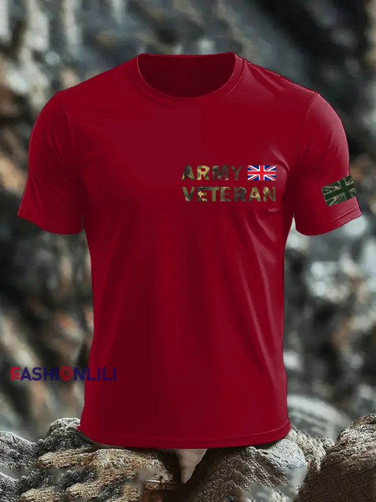 Men’s British Veteran print imitation cotton short-sleeved T-shirt Deep Red / S