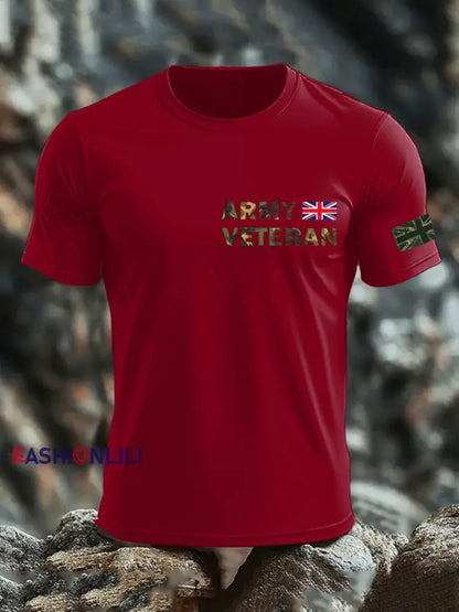 Men’s British Veteran print imitation cotton short-sleeved T-shirt Deep Red / S