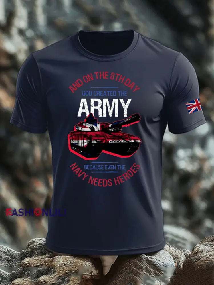 Men’s British Veteran print imitation cotton short-sleeved T-shirt Navy Blue / S