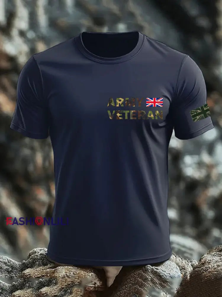 Men’s British Veteran print imitation cotton short-sleeved T-shirt Navy Blue / S
