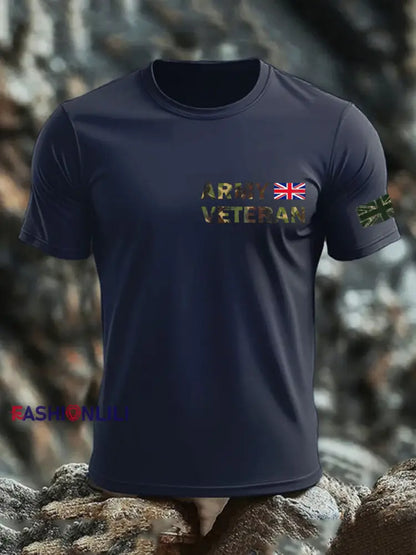 Men’s British Veteran print imitation cotton short-sleeved T-shirt Navy Blue / S