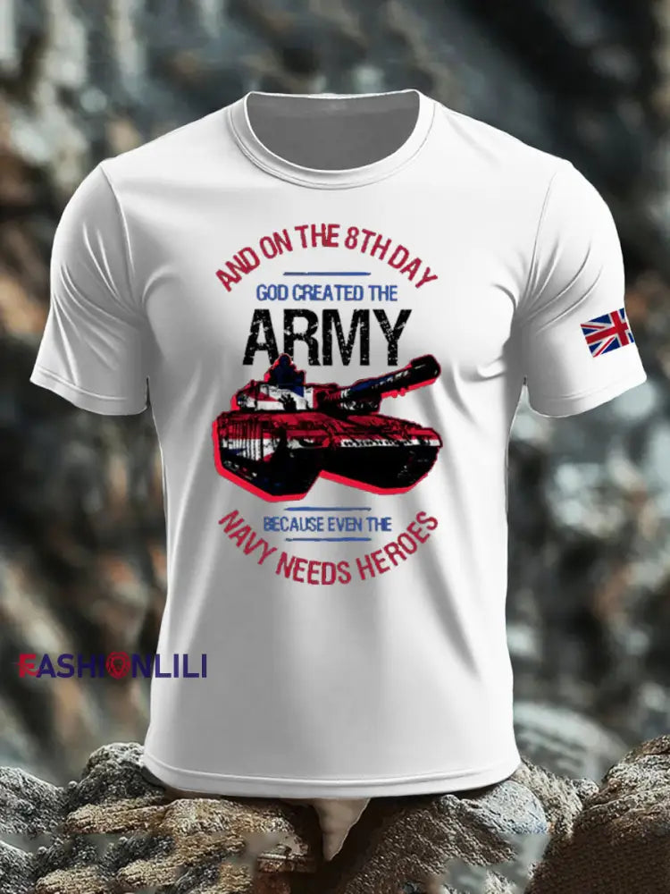 Men’s British Veteran print imitation cotton short-sleeved T-shirt White / S