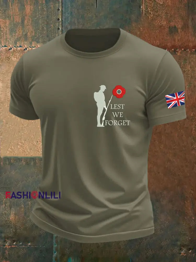 Men’s British Veteran Printed imitation cotton short sleeved T shirt Army Green / S