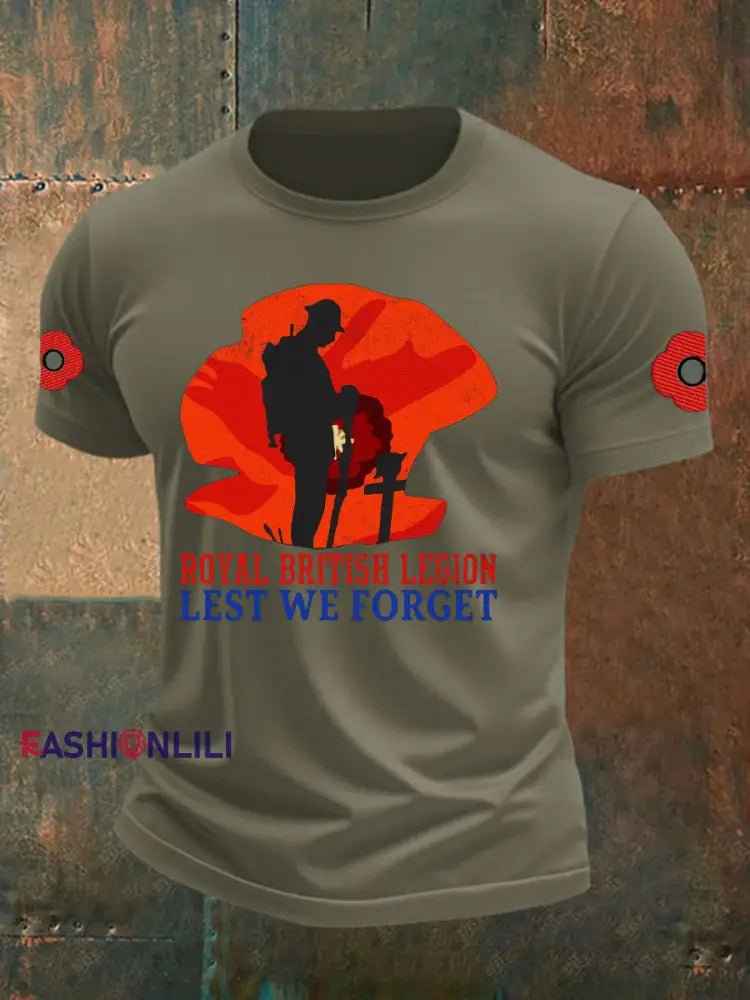 Men’s British Veteran Printed imitation cotton short sleeved T shirt Army Green / S