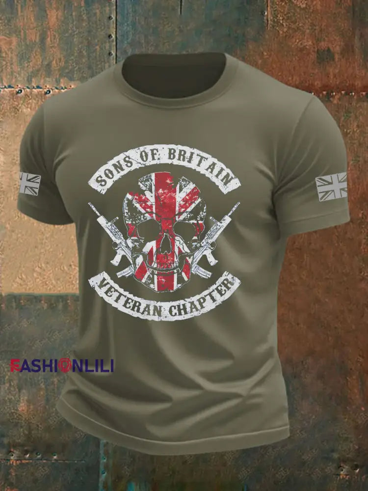 Men’s British Veteran Printed imitation cotton short sleeved T shirt Army Green / S