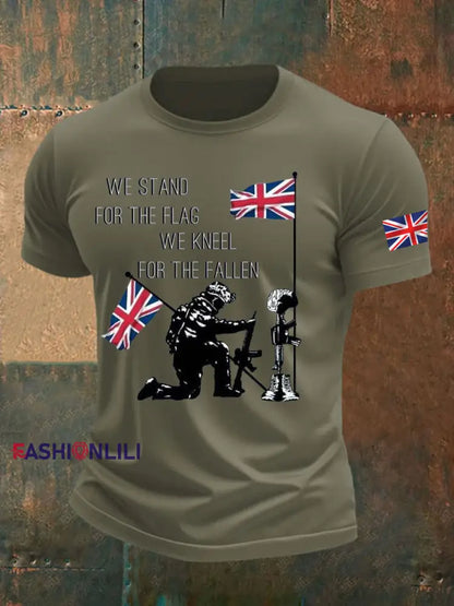 Men’s British Veteran Printed imitation cotton short sleeved T shirt Army Green / S