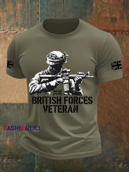 Men’s British Veteran Printed imitation cotton short sleeved T shirt Army Green / S