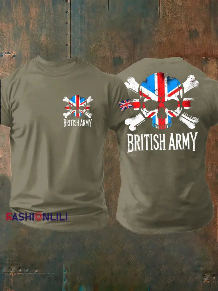 Men’s British Veteran Printed imitation cotton short sleeved T shirt Army Green / S