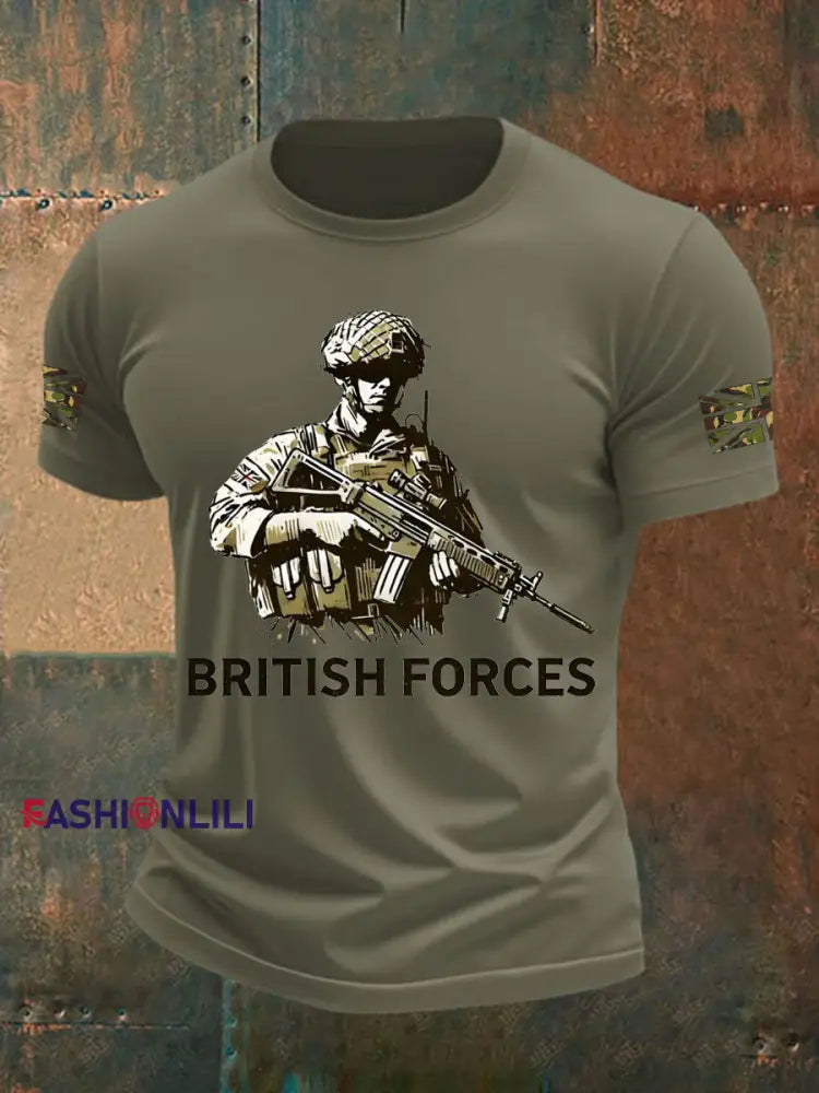 Men’s British Veteran Printed imitation cotton short sleeved T shirt Army Green / S