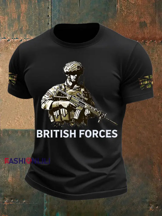 Men’s British Veteran Printed imitation cotton short sleeved T shirt Black / S