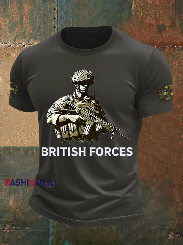 Men’s British Veteran Printed imitation cotton short sleeved T shirt Dark Gray / S