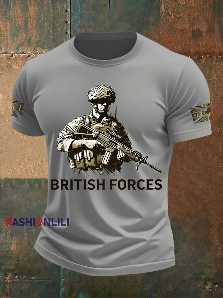 Men’s British Veteran Printed imitation cotton short sleeved T shirt Light Gray / S