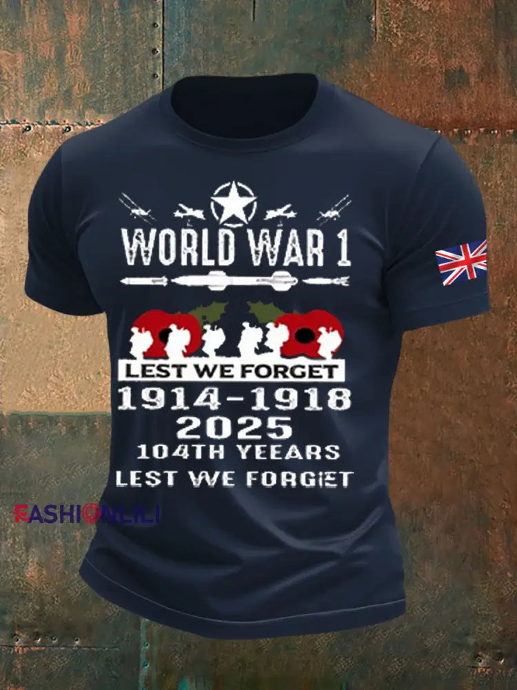Men’s British Veteran Printed imitation cotton short sleeved T shirt Navy Blue / S