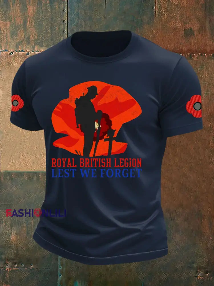 Men’s British Veteran Printed imitation cotton short sleeved T shirt Navy Blue / S