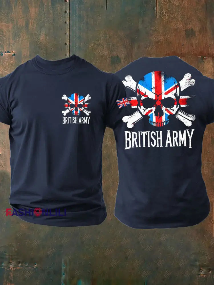 Men’s British Veteran Printed imitation cotton short sleeved T shirt Navy Blue / S