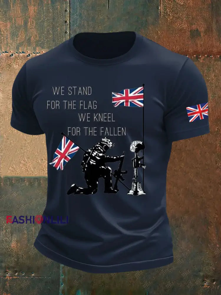 Men’s British Veteran Printed imitation cotton short sleeved T shirt Navy Blue / S