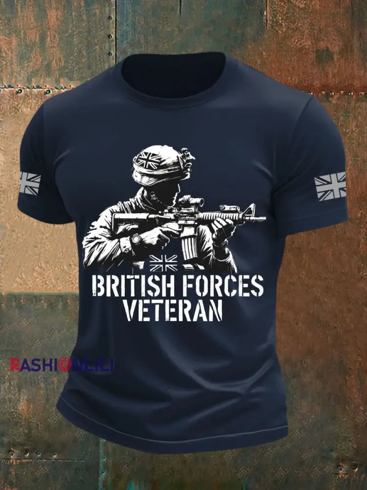 Men’s British Veteran Printed imitation cotton short sleeved T shirt Navy Blue / S