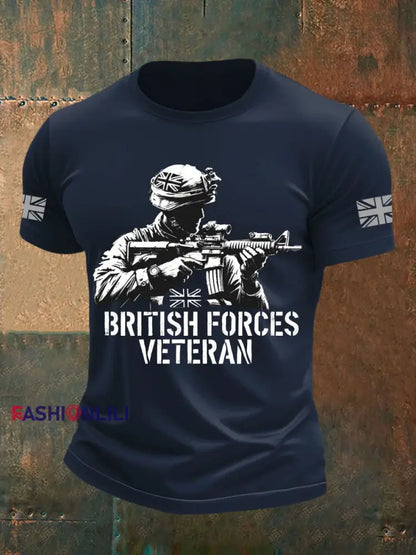 Men’s British Veteran Printed imitation cotton short sleeved T shirt Navy Blue / S
