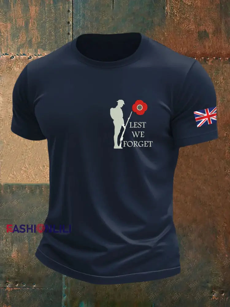 Men’s British Veteran Printed imitation cotton short sleeved T shirt Navy Blue / S