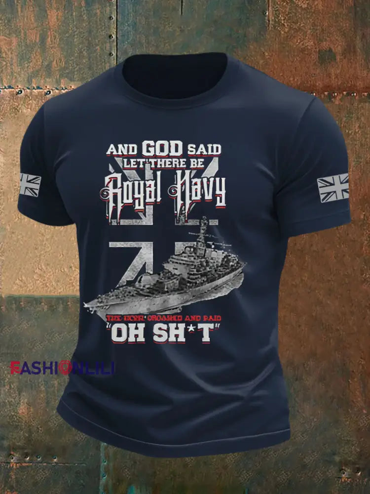 Men’s British Veteran Printed imitation cotton short sleeved T shirt Navy Blue / S