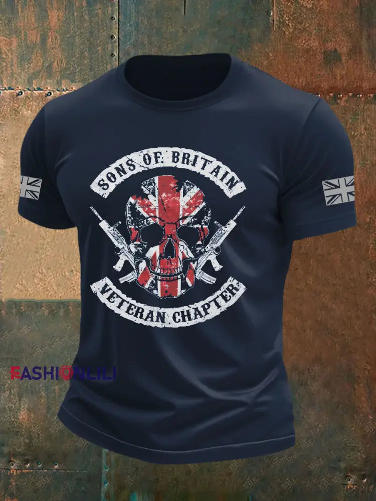 Men’s British Veteran Printed imitation cotton short sleeved T shirt Navy Blue / S