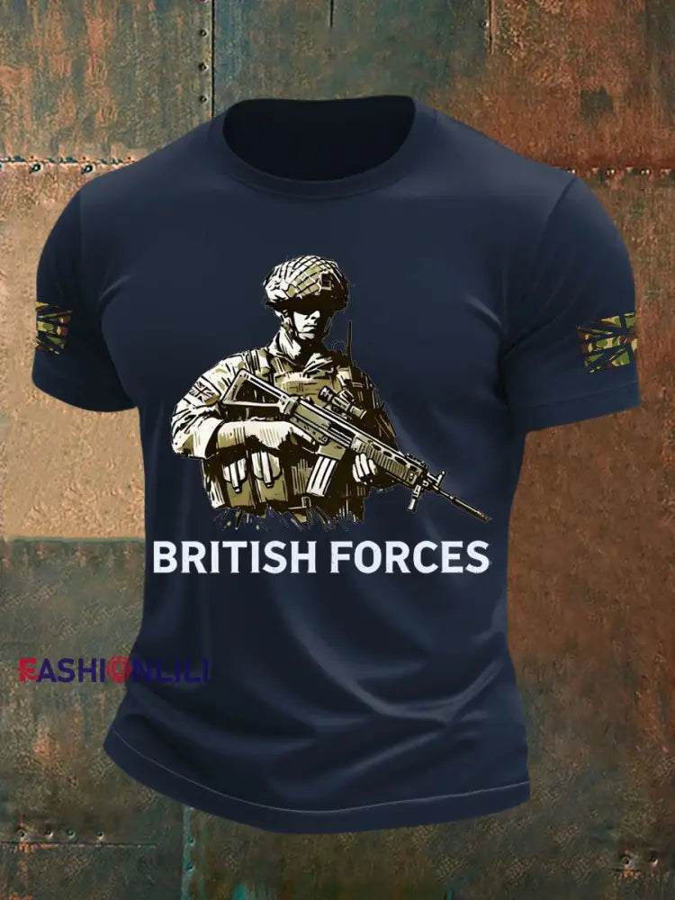 Men’s British Veteran Printed imitation cotton short sleeved T shirt Navy Blue / S