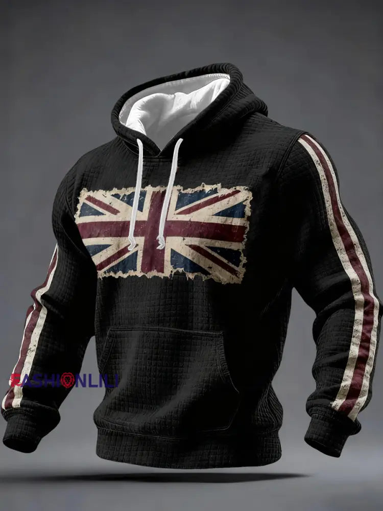 Men’s British vintage flag print Checkered Cotton Hoodie Black / S