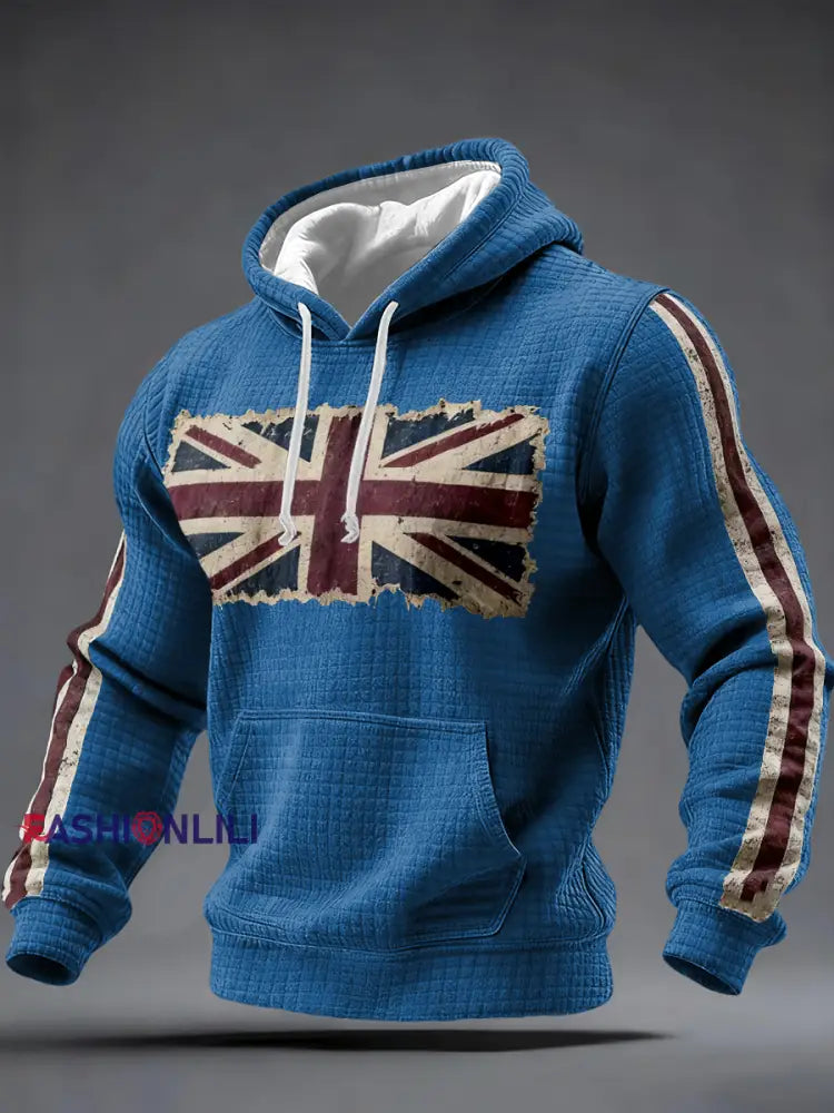 Men’s British vintage flag print Checkered Cotton Hoodie Blue / S