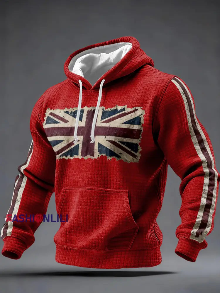 Men’s British vintage flag print Checkered Cotton Hoodie Red / S