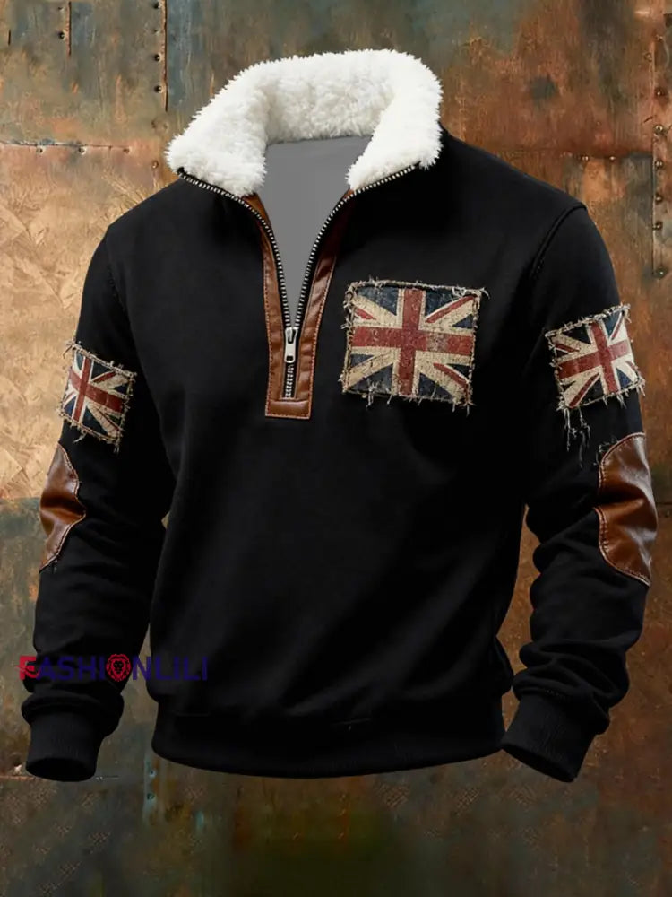 Men’s British vintage flag print Plush Stand Collar Shirt Black / S