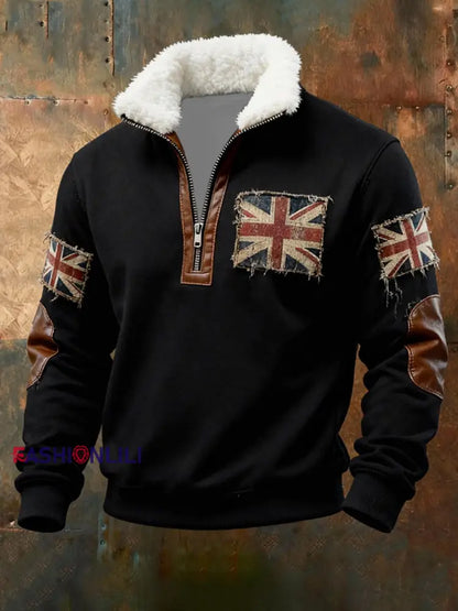 Men’s British vintage flag print Plush Stand Collar Shirt Black / S