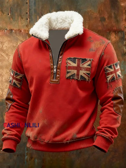 Men’s British vintage flag print Plush Stand Collar Shirt Red / S