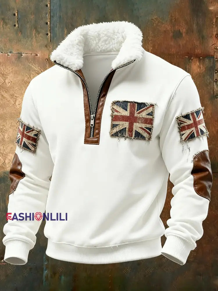 Men’s British vintage flag print Plush Stand Collar Shirt White / S