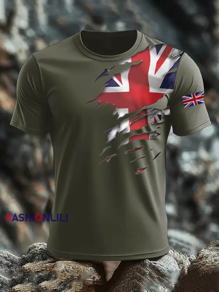 Men’s Britsh Imitation Cotton Short-Sleeved Printed T-shirt Army Green / S