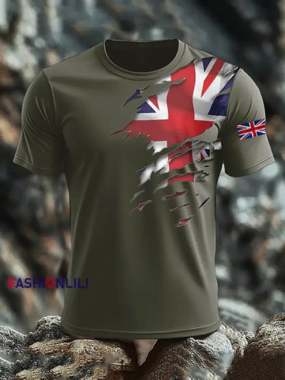 Men’s Britsh Imitation Cotton Short-Sleeved Printed T-shirt Army Green / S