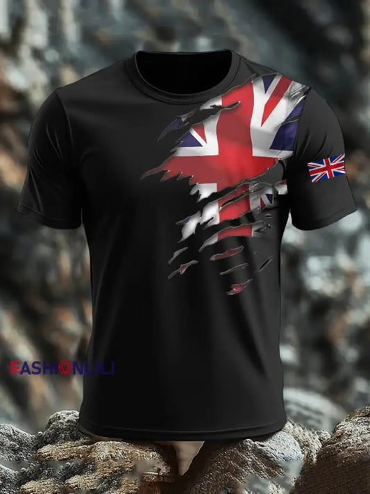 Men’s Britsh Imitation Cotton Short-Sleeved Printed T-shirt Black / S